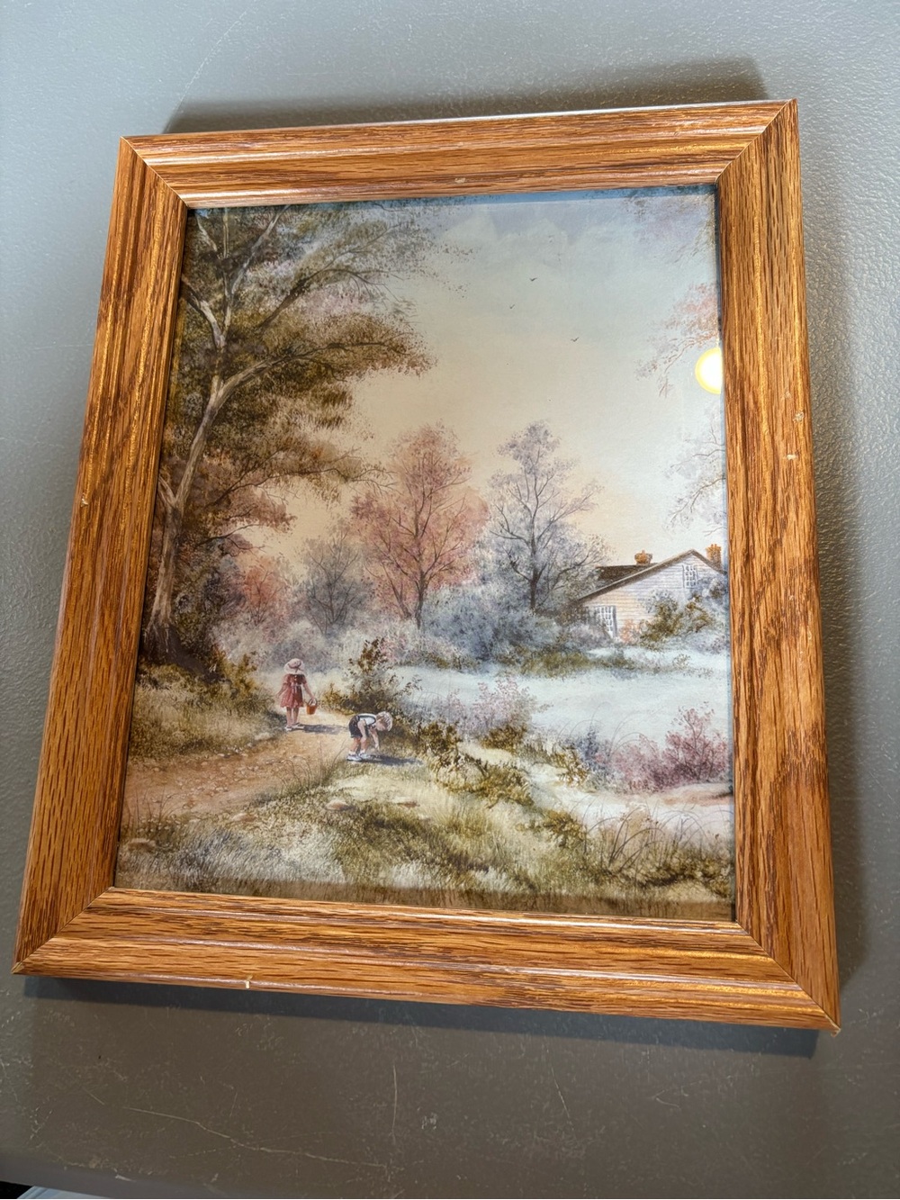 Framed Country Landscape Print Children Farmhouse Pond Wood Tone Frame